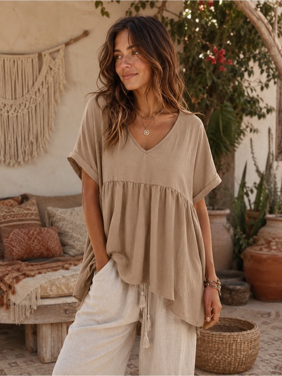 Pink Lily Tops - Beige Babydoll Top